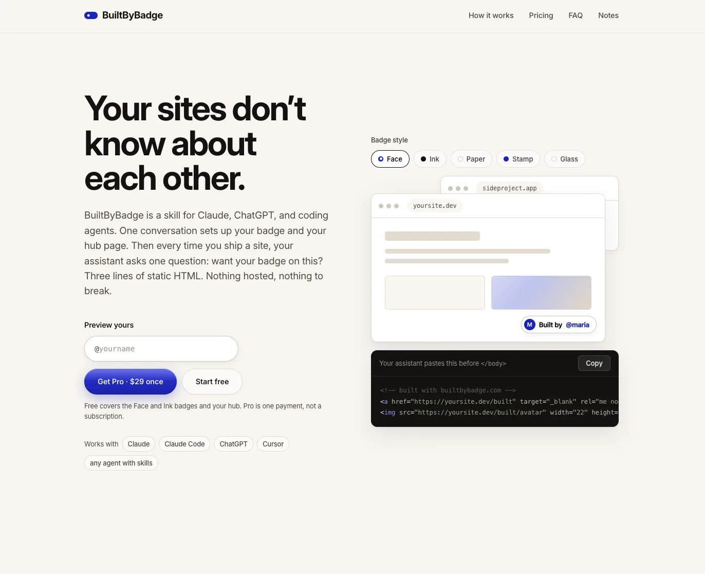 BuiltByBadge live site: your sites don't know about each other, badge style picker and the three-line embed