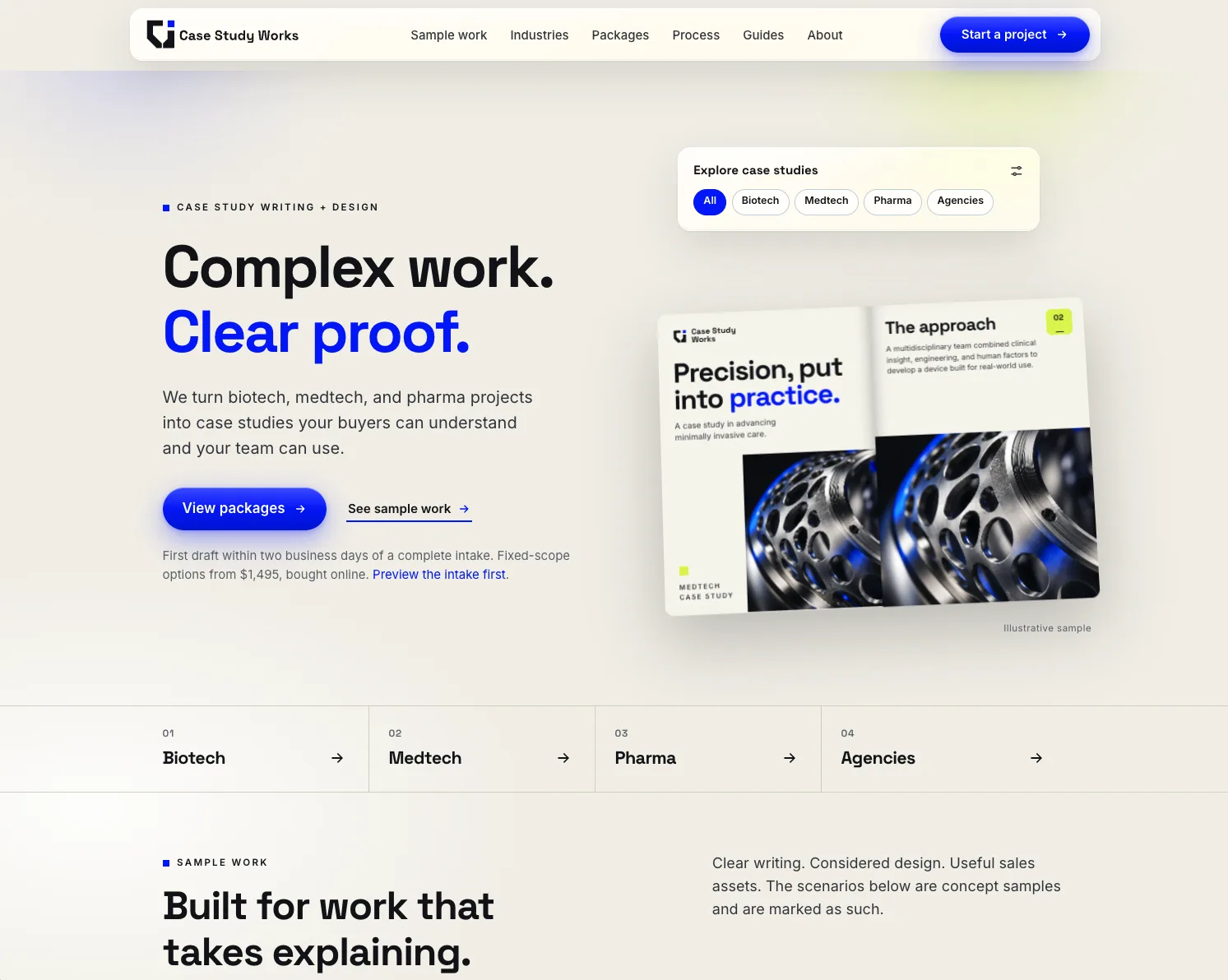 Case Study Works live site: complex work, clear proof, case study writing and design for biotech, medtech, and pharma
