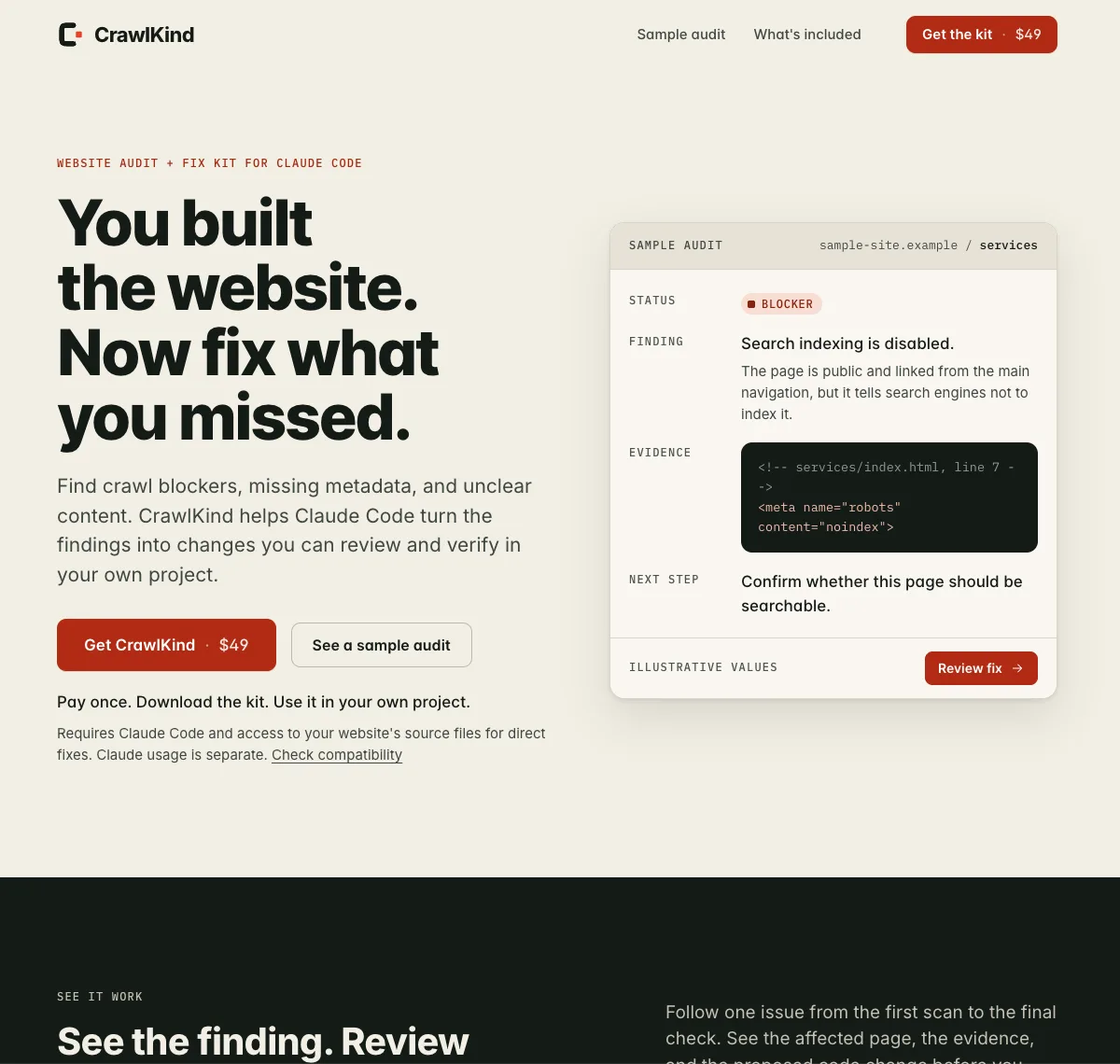 CrawlKind live site: you built the website, now fix what you missed, with a sample audit finding