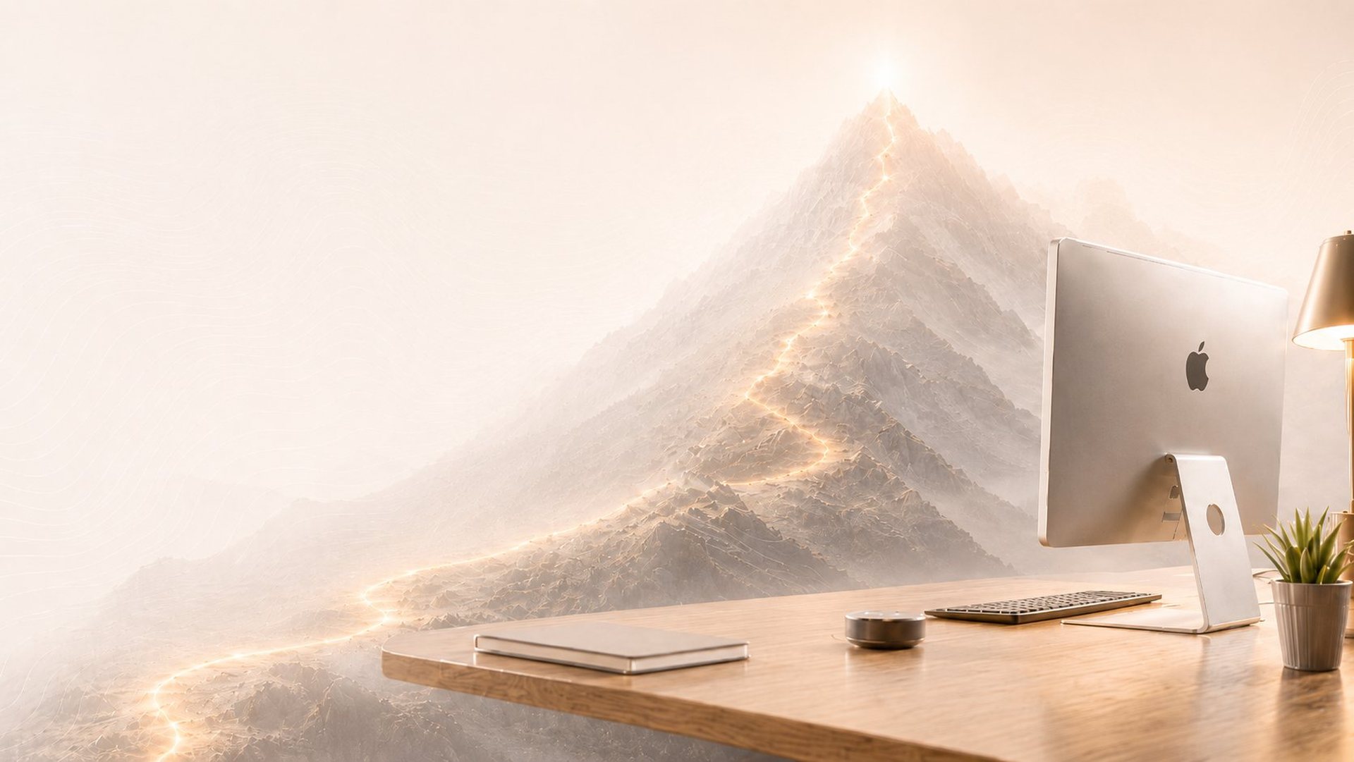 A glowing trail winding up a misty mountain toward a sunlit peak, beside a desk with an iMac — the long climb to a million, built in public.