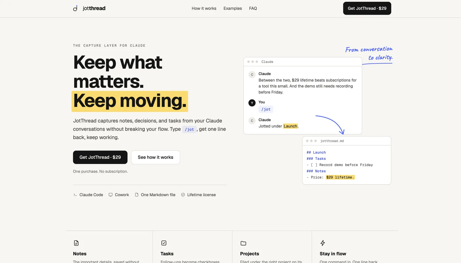 JotThread live site: keep what matters, keep moving, the /jot command capturing a task into jotthread.md