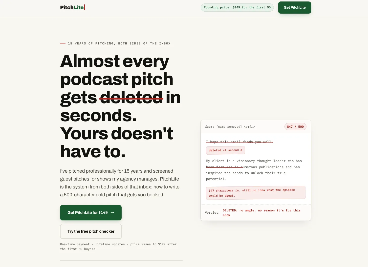 PitchLite live site: almost every podcast pitch gets deleted in seconds, yours does not have to