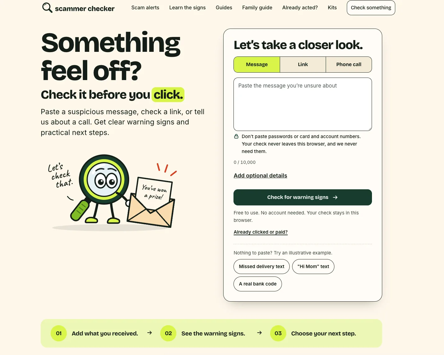 Scammer Checker live site: something feel off, check it before you click, with the message checker card