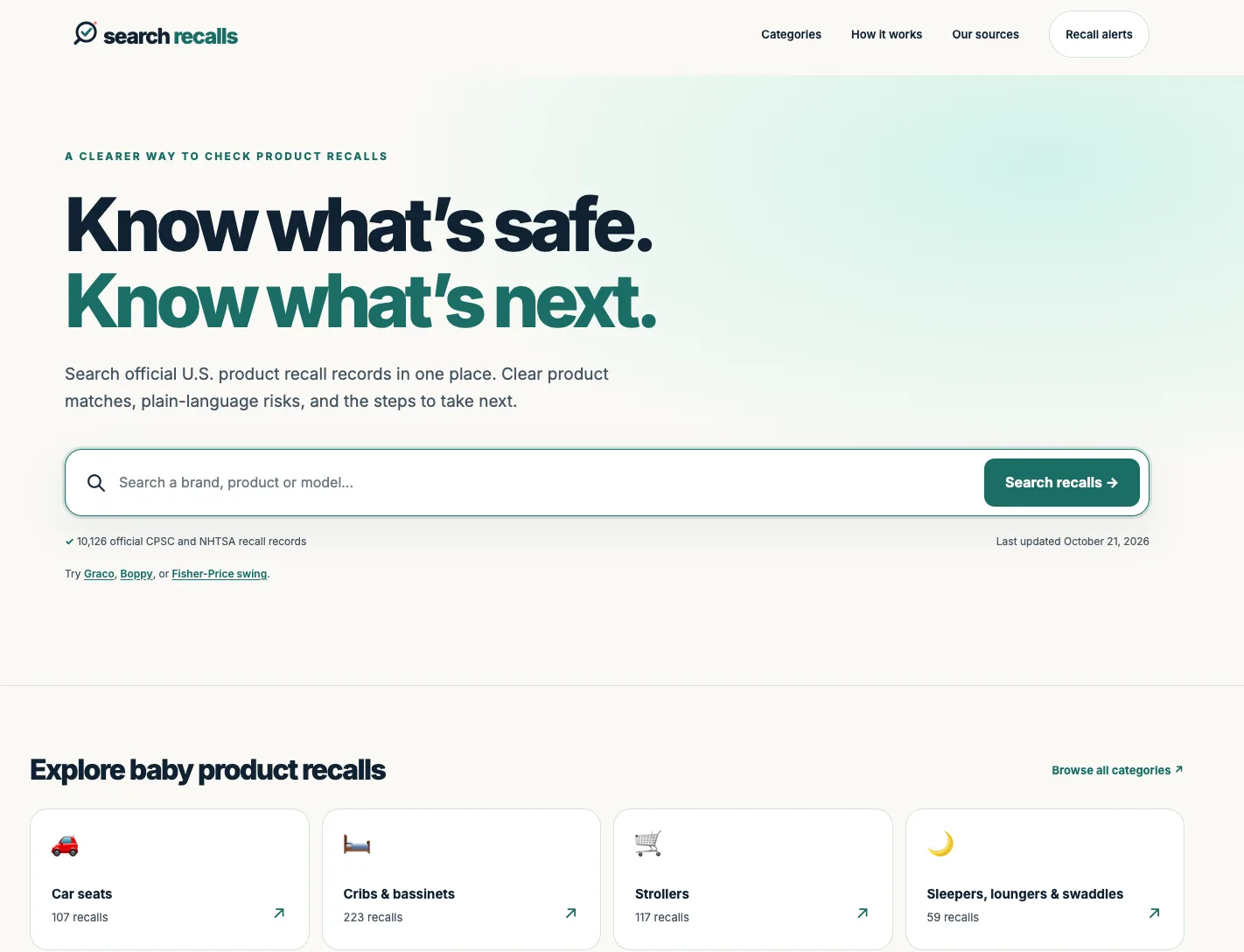SearchRecalls live site: know what's safe, know what's next, with the recall search box and baby category grid