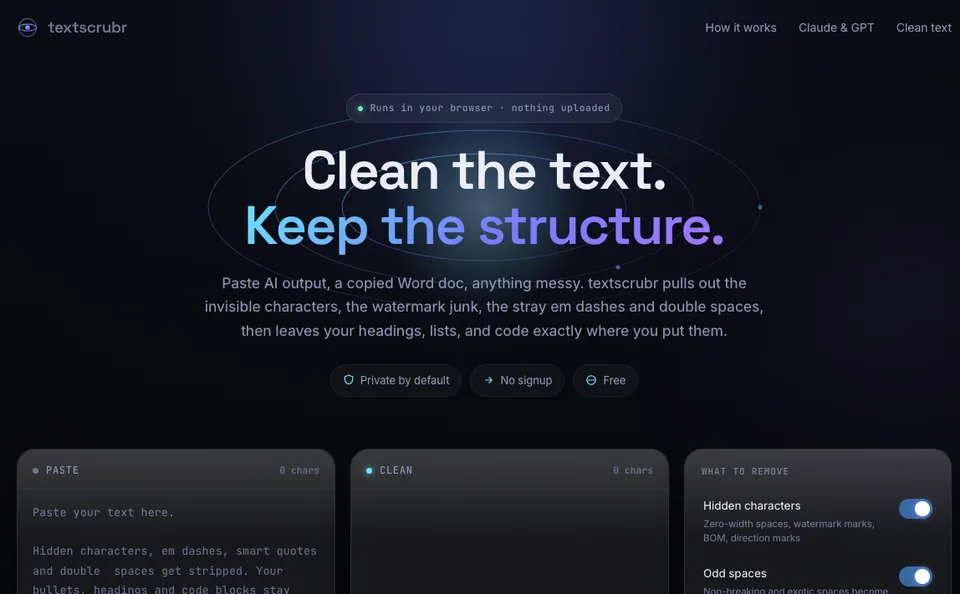 TextScrubr landing page screenshot