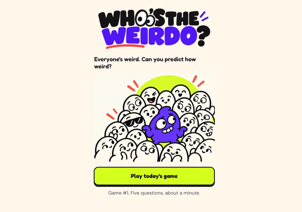 Who's the Weirdo live site: everyone's weird, can you predict how weird, play today's game